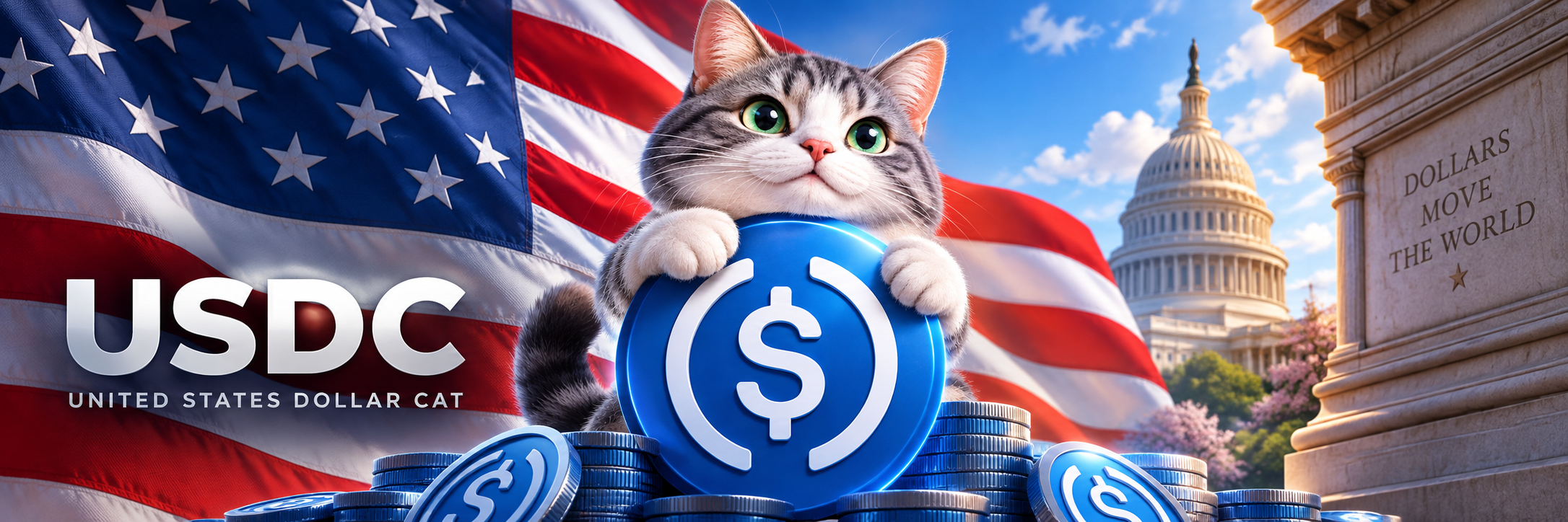 United States Dollar Cat with the USDC coin, American flag, and Capitol